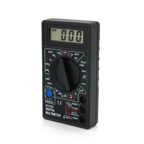 Мультиметр DT-832. Вимірювання: V, A, Ω. Функції: hFE, продзвонювання, тест діодів, перевірка транзисторів.