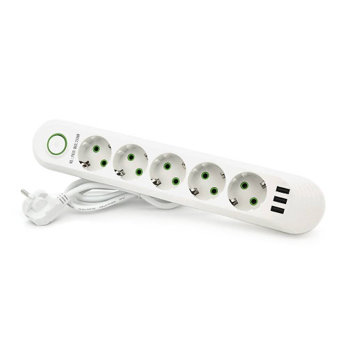 Мережевий фільтр F05U, 5 розеток EU + 3 USB, 1.5 м, перетин 3х0, 75мм, 2500W, White, Box