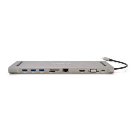 Хаб-конвертор VEGGIEG TC10 Type-C (тато) на Type-C (мама) + USB3.0 * 3 (мама) + HDMI (мама) + VGA (мама) + jack3.5 (мама) + SD / TF + RJ45, 10 см, Silver, Box