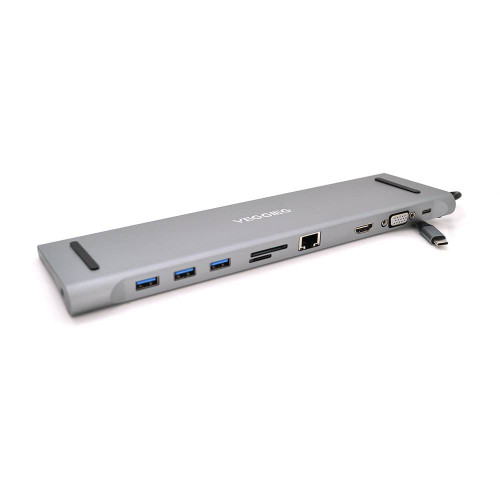 Хаб-конвертор VEGGIEG TC10 Type-C (тато) на Type-C (мама) + USB3.0 * 3 (мама) + HDMI (мама) + VGA (мама) + jack3.5 (мама) + SD / TF + RJ45, 10 см, Silver, Box