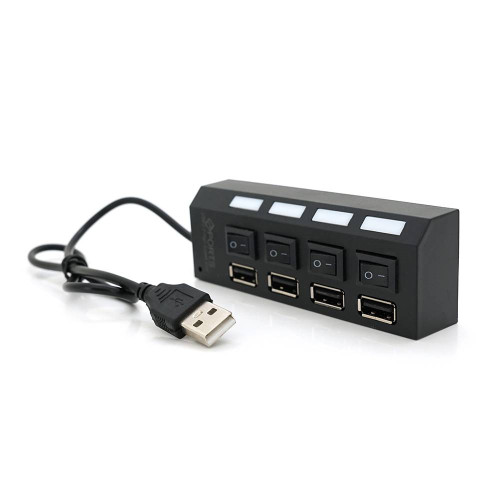 Хаб USB 2.0 4 порти з перемикачами на кожен порт, Black, 480Mbts High Speed, підтримка до 0,5ТВ, живлення від USB, Blister Q100