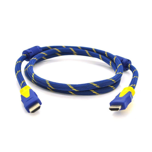 Кабель HDMI-HDMI 1.5m, v1.4, OD-8.0mm, 2 фільтра, обплетення, круглий Blue/Yellow, коннектор Blue/Yellow, (Пакет) Q150