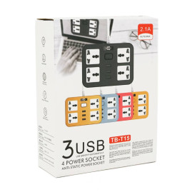 Мережевий фільтр ТВ-Т15, 4 розетки + 3 USB, 2 м, перетин 3х0, 75мм, 2500W, Black, Box