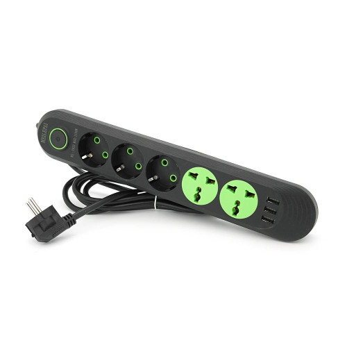 Мережевий фільтр F02U, 3 розетки EU + 2 розетки Universal + 3 USB, 1.5 м, перетин 3х0, 75мм, 2500W, Black, Bag