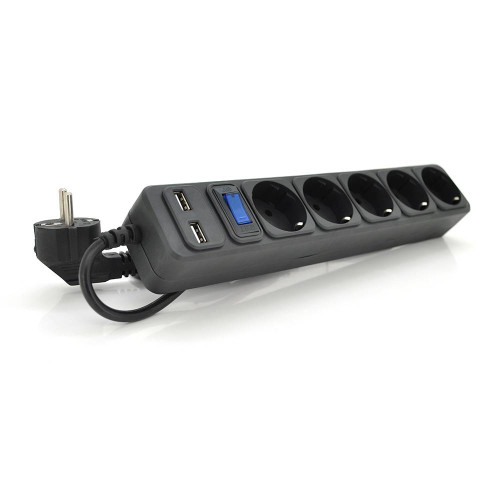 Мережевий подовжувач MERLION B518U, 220В 10А,5 розеток + 2 порти USB 2.1A, 1,8 м, переріз 3х0,75мм, чорний Q50