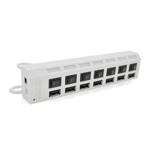 Хаб USB 2.0 7 портів з перемикачами на кожен порт, White, 480Mbts High Speed, живлення від USB, Blister Q100