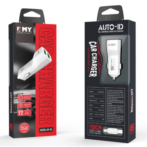 Набір 2 в 1 АЗУ With Micro-Usb Cable DC12-24V MY-30, 2 x USB, 5V / 12W, Output: 5V / 2.4A, White, Blister- box