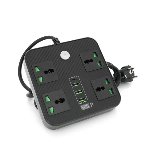 Мережевий фільтр ТВ-Т90, 4 розетки + 3 USB, 2 м, перетин 3х0, 75мм, 3000W, Black, Box