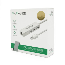Контролер USB 2.0 до Ethernet VEGGIEG- Сетевой адаптер 100 / 1000Mbps з проводом RTL-8152B + FE2.2S + 3 порта USB2.0, White, Metal, Blister-Box