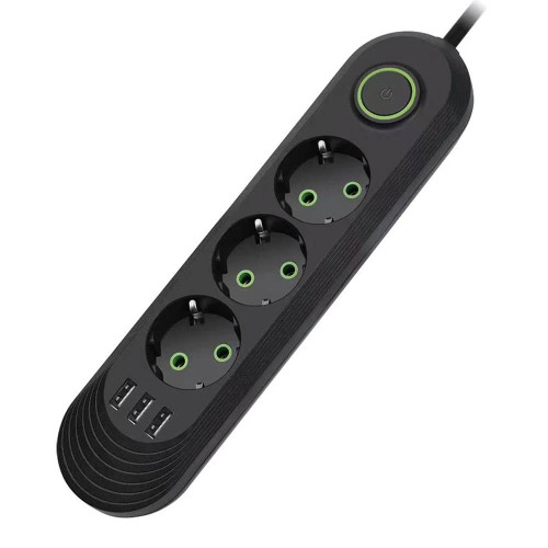 Мережевий фільтр F03U, 3 розетки EU + 3 USB, 1.5 м, перетин 3х0, 75мм, 2500W, Black, Bag