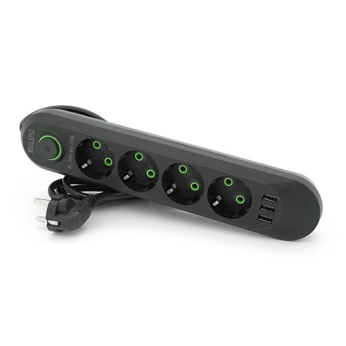 Мережевий фільтр F04U, 4 розетки EU + 3 USB, 1.5 м, перетин 3х0, 75мм, 2500W, Black, Box
