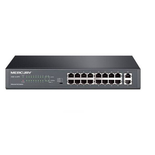 Комутатор POE Mercury SG118PS 16 портів POE 100Мбит + 2 порт Ethernet (UP-Link) 100 Мбіт, БП вбудований, BOX (294*180*44)
