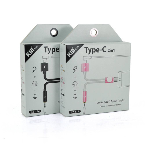 Перехідник 2 в 1 KY-174 Type-C(M) =>Type-C(F) + Jack 3.5mm(F), 5см, Black, Box
