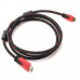 Кабель Merlion HDMI-HDMI 2.0m, v1.4, OD-7.4mm, 2 фільтра, обплетення, круглий Black / RED, коннектор RED / Black, (Пакет), Q120