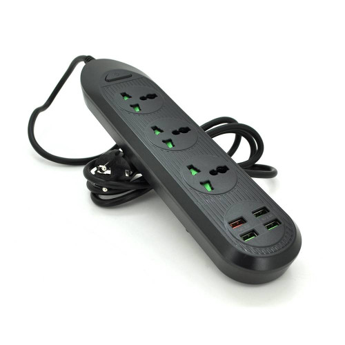 Мережевий фільтр ТВ-Т16, 3 розетки + 4 USB, 2 м, перетин 3х0,75мм, 3000W, Black, Box