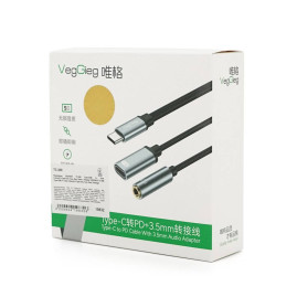 Перехідник VEGGIEG TC-208 Type-C(M) => Jack 3.5mm(F)+Type-C(F), 5см, Silver/Black, Пакет