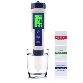Аналізатор якості води EZ-9909. Вимірювання: pH, TDS (ppm), EC (mS/cm), Salinity (%), °C. ATC, калібрування, IP67. Габарити: 183x37x37 мм. Вага: 98 г