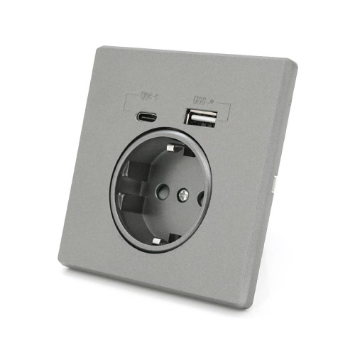 Розетка врізна із заземленням, Input: AC:110-250V/16A, Type-C/USB-виходи, Gray