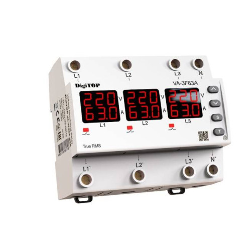 Реле напруги та струму дворежимне одно/трифазне VА-3F63А M6R на DIN-рейку, 3*63А, 3*13500Вт, 120-270В, шестимодульне з індикатором напруги (Червоний)
