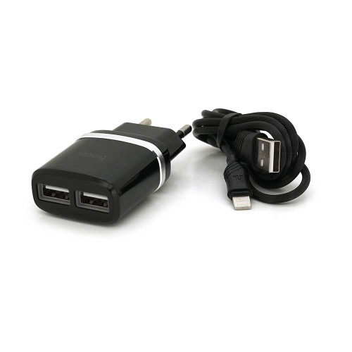 Набір СЗУ 110-240V HOCO C12 + кабель Lighting, 1xUSB, 2.4A, кабель 1м, Black, Blister