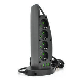 Мережевий фільтр F14, 8 розеток EU+3 USB+Type-C, кнопка включення з індикатором, 2 м, 3х0,75мм, 2500W, Black, Box