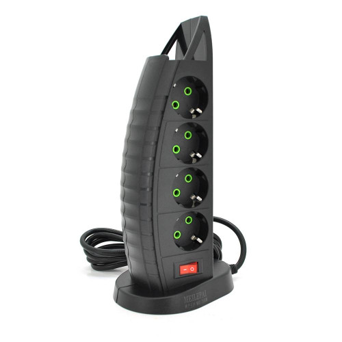 Мережевий фільтр F14, 8 розеток EU+3 USB+Type-C, кнопка включення з індикатором, 2 м, 3х0,75мм, 2500W, Black, Box
