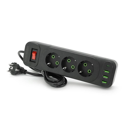 Мережевий фільтр F23U, 3 розетки EU +3 USB + PD, кнопка включення з індикатором, 2 м, 3х0,75мм, 2500W, Black, Box