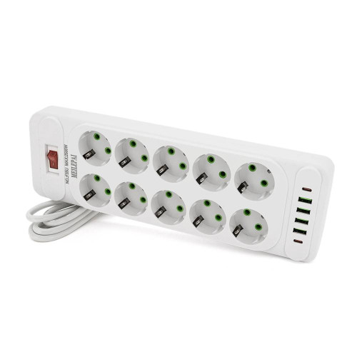 Мережевий фільтр F35U, 10 розеток EU + 4 USB + 2 PD, кнопка включення з індикатором, 2 м, 3х0,75 мм, 2500W, White, Box