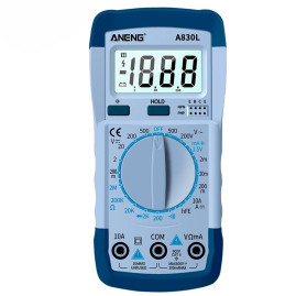 Мультиметр ANENG AN-A830L. Вимірювання: V DC, V AC, A DC, A AC, Ω, C, F, hFE, °C. Функції: продзвонювання, перевірка діодів, транзисторів.