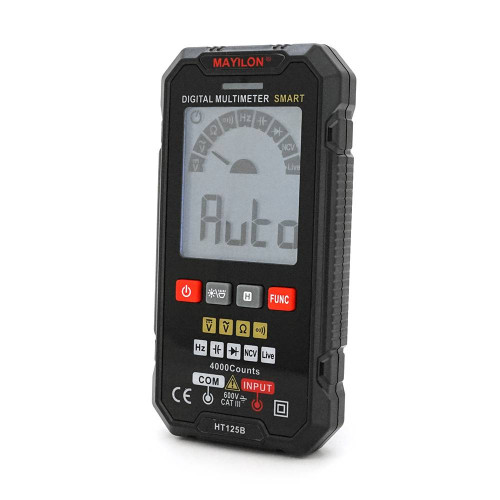 Мультиметр Mayilon HT-125B. Вимірювання: V, A, Ω, C, F, %, NCV. Функції: True RMS, продзвонювання, тест діодів (включаючи світлодіоди), детектор фази (LIVE).