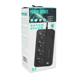 Мережевий фільтр із захистом від перенапруги G13H, 3000W, 4 Socket + 4 USB 3,2А + 2 Type-C + таймер, 2м, Black, Box