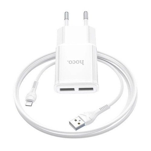 Набір СЗУ 110-240V HOCO C88A + кабель Lighting, 2xUSB, 2.4A, кабель 1м, White, Box