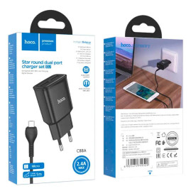 Набір СЗУ 110-240V HOCO C88A+ кабель Micro, 2xUSB, 2.4A, кабель 1м, Black, Box