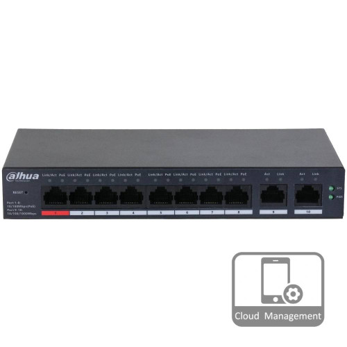 8-портовий керований PoE комутатор DH-CS4010-8ET-110 з 8 портами POE 100Мбіт + 2 порти UP-Link 1000Мбіт, 190x106x30 мм