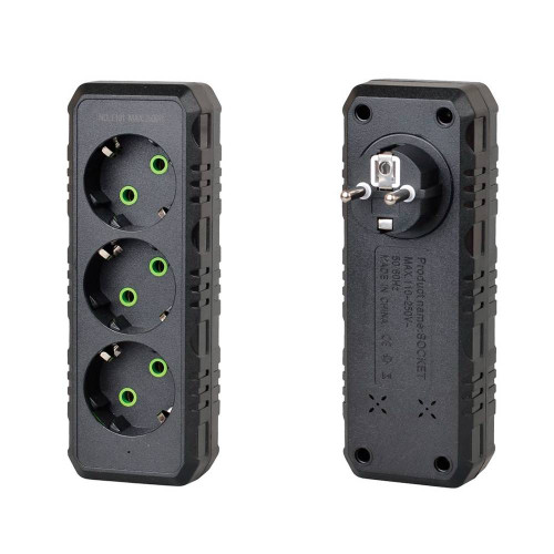 Розетка трійник із заземленням F101-Black, 3 розетки, 2500W, 10A, 110-250V~Max, Blister