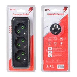 Розетка трійник із заземленням F101-Black, 3 розетки, 2500W, 10A, 110-250V~Max, Blister