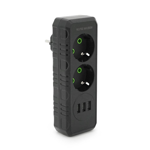 Розетка трійник із заземленням F102-Black, 2 розетки+3USB(1А), 2500W, 10A, 110-250V~Max, Blister