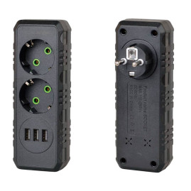 Розетка трійник із заземленням F102-Black, 2 розетки+3USB(1А), 2500W, 10A, 110-250V~Max, Blister