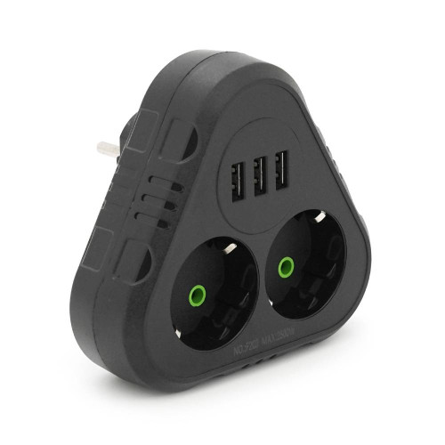 Розетка трійник із заземленням F202-Black, 2 розетки+3USB(1А), 2500W, 10A, 110-250V~Max, Blister
