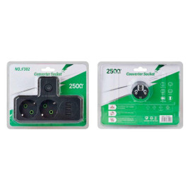 Розетка трійник Т-подібний із заземленням F302-Black, 2 розетки+3USB(1А), 2500W, 10A, 110-250V~Max, Blister