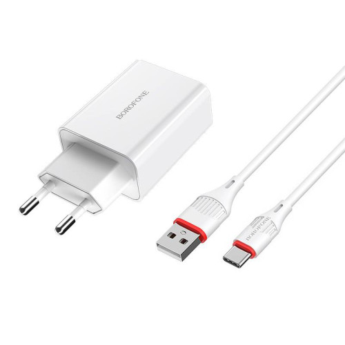 Набір BOROFONE BA21A СЗУ+ кабель Type-C, 1xUSB, 3A, кабель 1м, White, Blister
