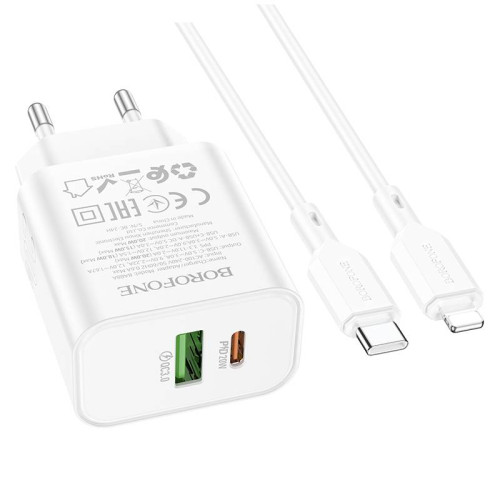 Набір BOROFONE BA88A СЗУ USB+Type-C+ кабель Lightning, PD20W+Q3.0, 1м, White, Blister