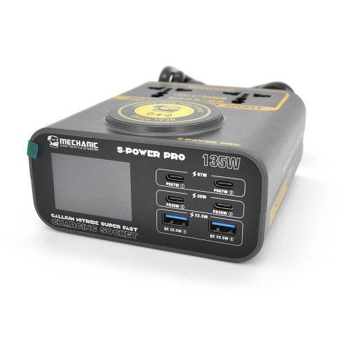 Зарядні станція з цифровою індикацією MECHANIC S-Power Pro, 4*PD3.1-30W, 2*QC3.0-15W,Wireless Charging, 2*Socket, 220V/135W. 131*125*47mm