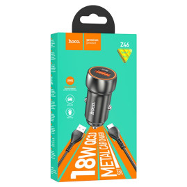 Набір АЗУ 12-24V HOCO Z46 + кабель Type-C, 1xUSB, 18W, кабель 1м, Black, Box