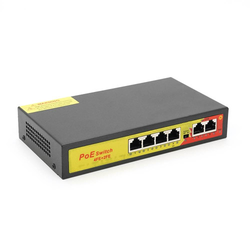 Комутатор POE з 4 портами POE 100Мбіт + 2 порт Ethernet (UP-Link) 100Мбіт, 52V/1.44A, 100/250метрів, корпус - метал, Black, БП вбудований, Q20