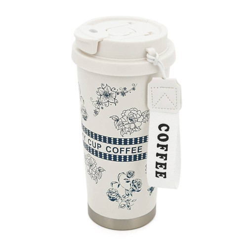 Термокухоль пластиковий Merlion Coffee, з трубочкою, об'єм 500мл., колба з нержавіючої сталі, біла з сірим