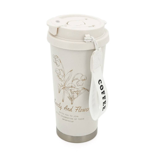 Термокухоль пластиковий Merlion Coffee, з трубочкою, об'єм 500мл., колба з нержавіючої сталі, біла