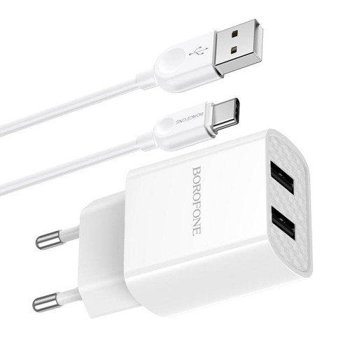 Набір BOROFONE BA53A СЗУ 2xUSB+ кабель Type-C, 2.1A, 1м, White, Blister-box