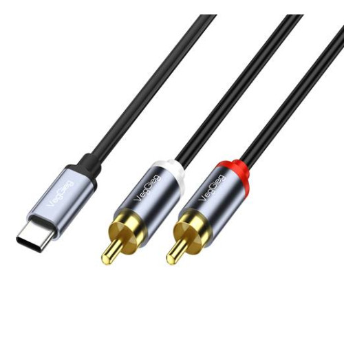 Кабель VEGGIEG V-A621 TypeC => 2хRCA (тато), GOLD Jack, круглий, Gray, 1.5 м, Пакет