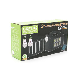 Переносний ліхтар GD-8077+ Solar, 1+1 режим, вбудований акум, 3 лампочки 3W, USB вихід, Black, Box